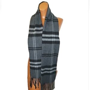 Enzo Montovani Fringed Cashmere Wool Men Long Neck Scarf Gray Windowpane Plaid